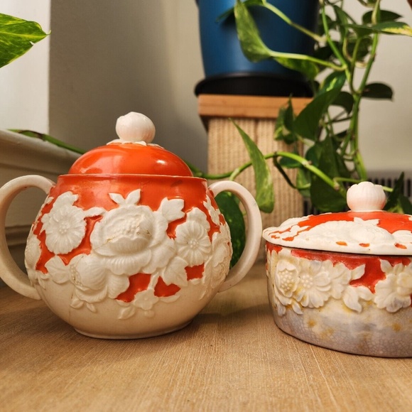 RARE Vintage MCM Japan Moriyama Mori Machi Orange Floral Handpainted Tea Jars